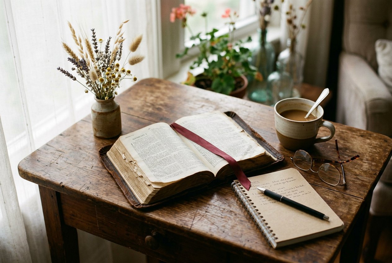 An open Bible and notebook on a side table